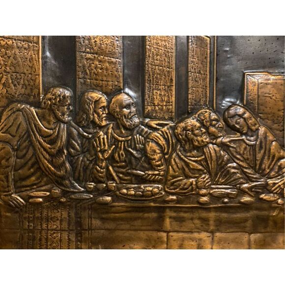 Da Vinci 'The Last Supper' in Copper Metal Tooled Relief German Art Picture Vint - Picture 4 of 6